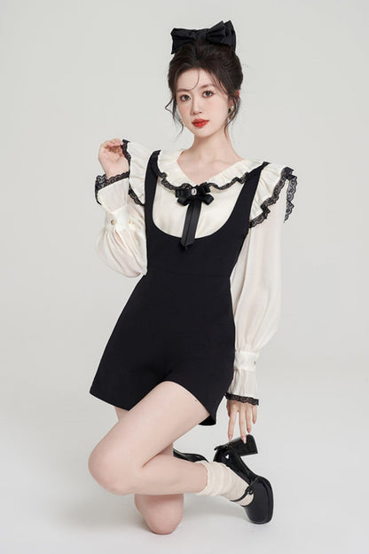 French Ruffle Shirt Suspender Shorts Set