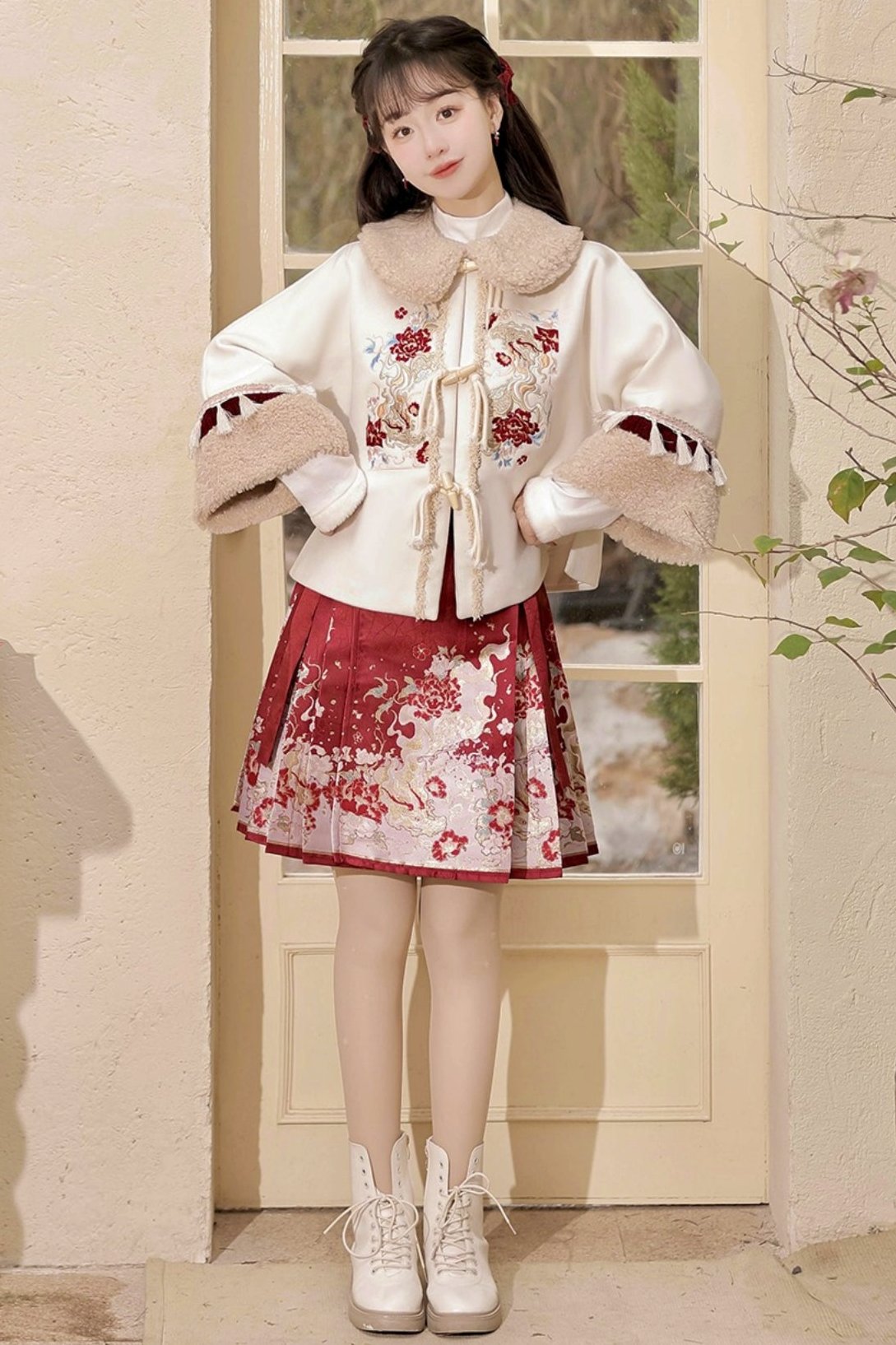 Retro flower coat + skirt + inner