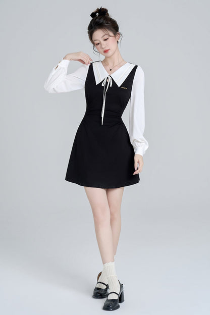 Black long sleeve fake two -piece dress