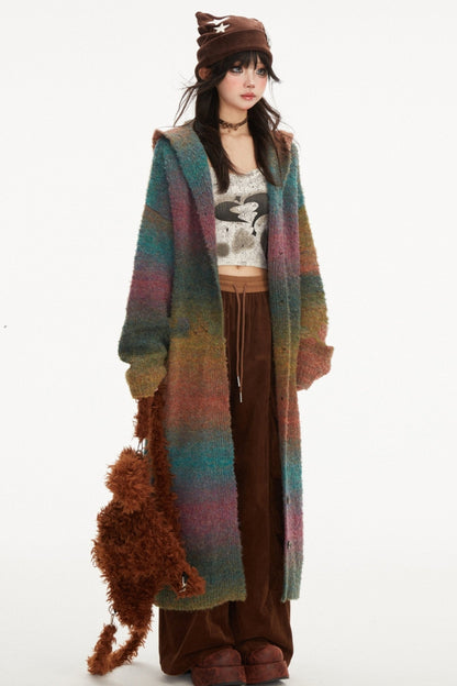 Long Rainbow Gradation Knit Cardigan