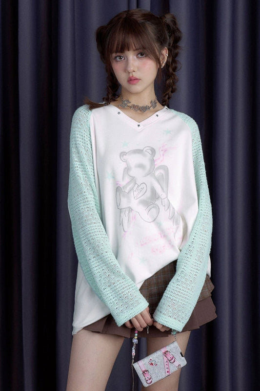 Mint Green Bear Print Raglan Neck Top