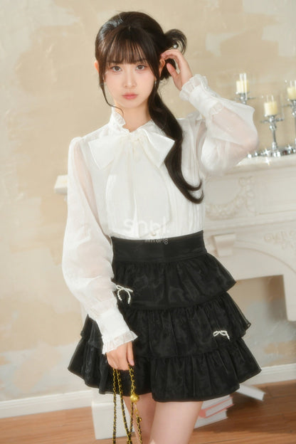 French Bow Chiffon Long Sleeve Top