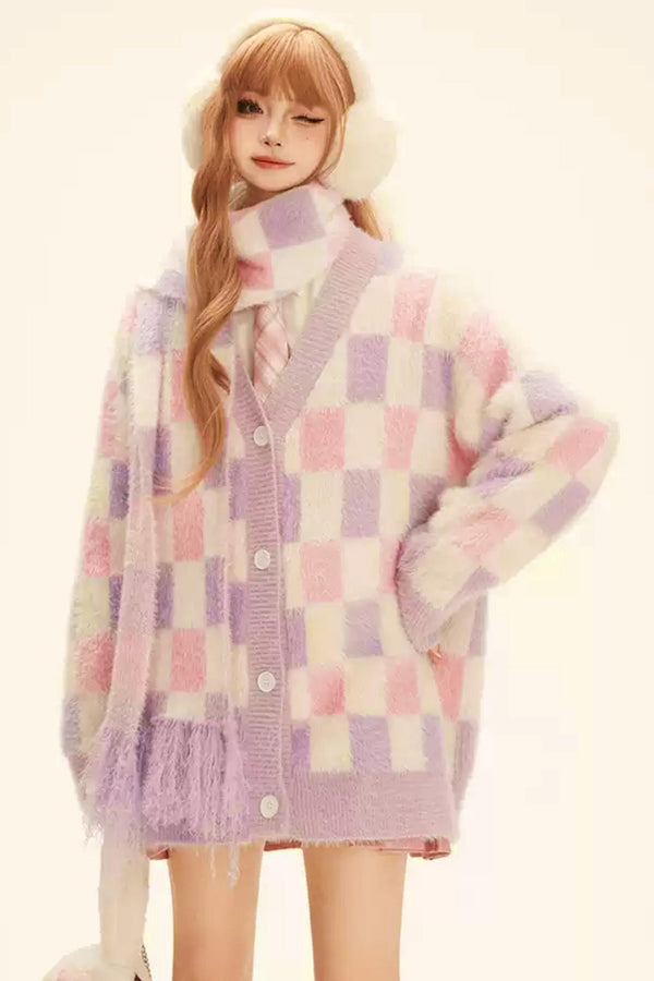 チェッカーボードVネックミンクカーディガン＋マフラー