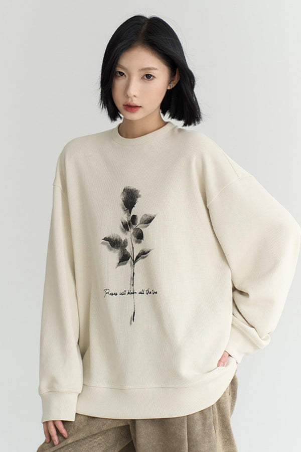 Fall Rose Print Crew Neck Sweatshirt