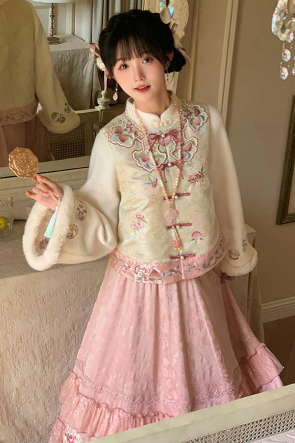 Stand Collar Vest and Lace Skirt Set