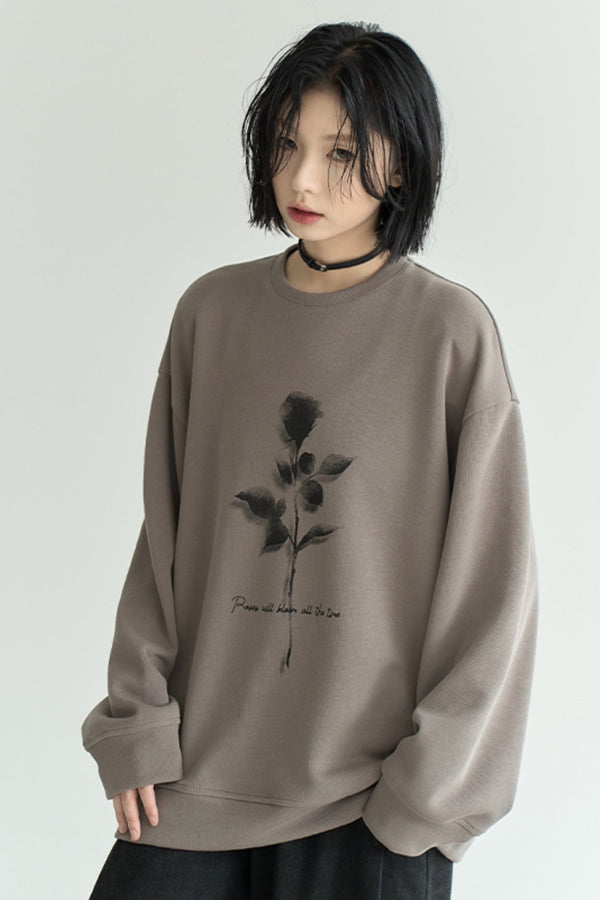 Fall Rose Print Crew Neck Sweatshirt