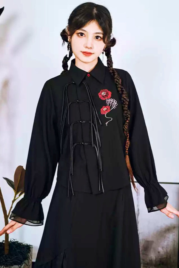 チャイニーズスタイルエンブロイダリーフリンジシャツ