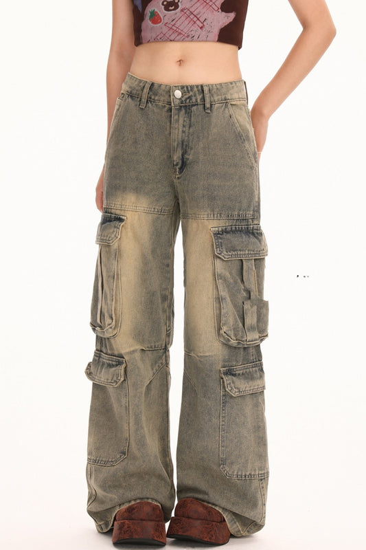 Retro High Street Washed Cargo Mop Jeans