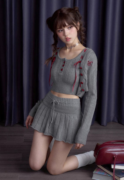 Gray and Purple Knit Suspender Skirt Set