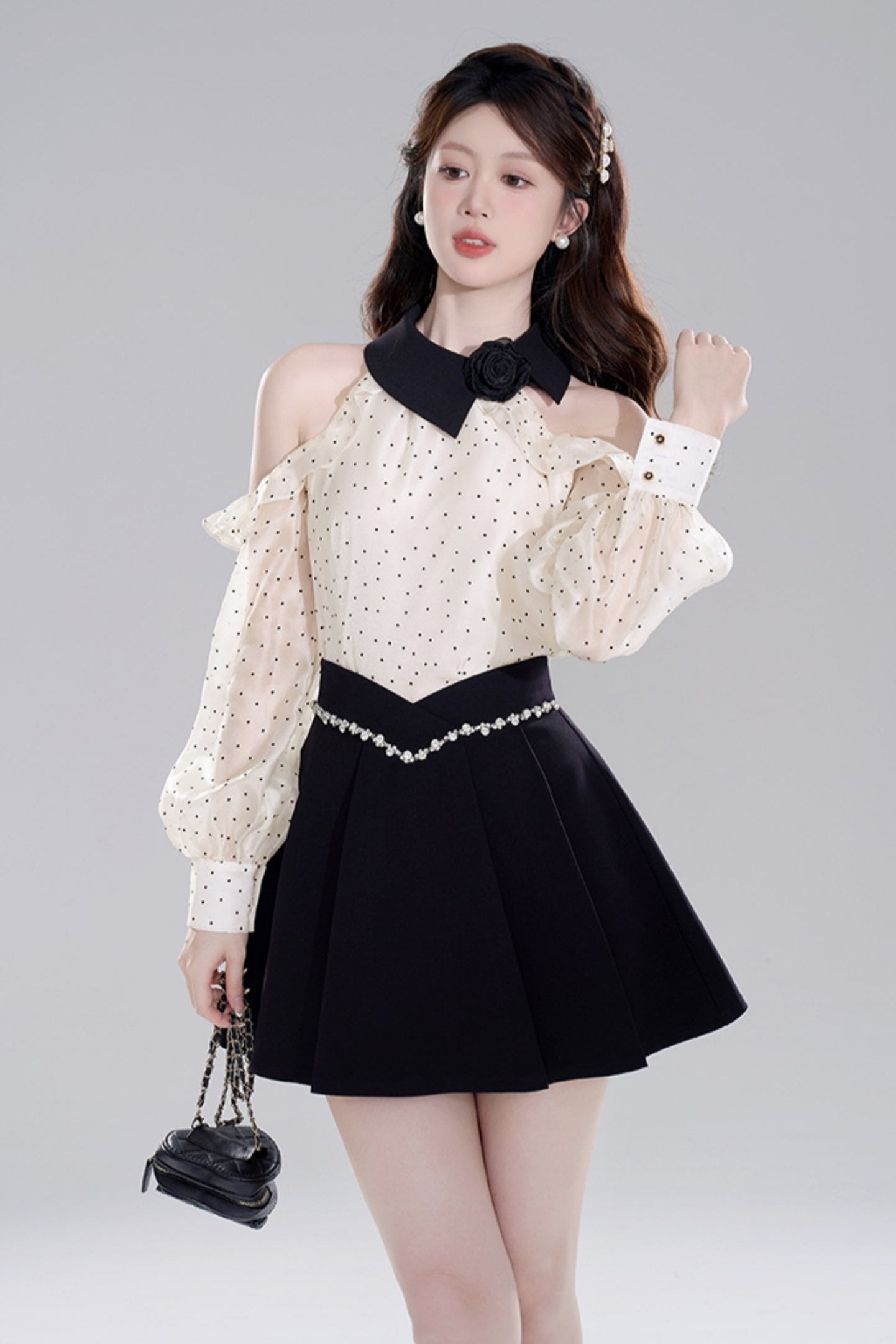 Polkadot off -shoulder chiffon top set