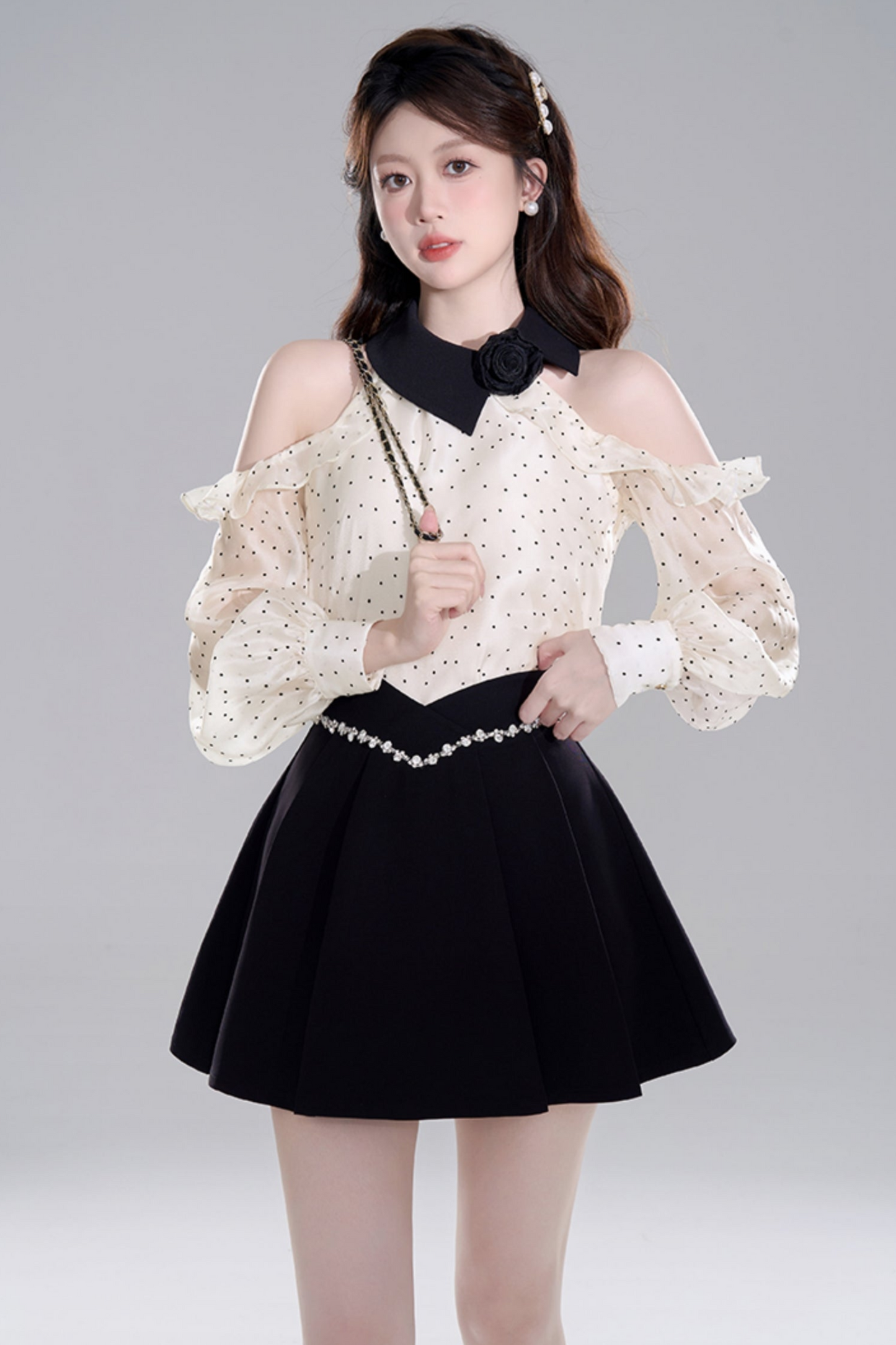 Polkadot off -shoulder chiffon top set