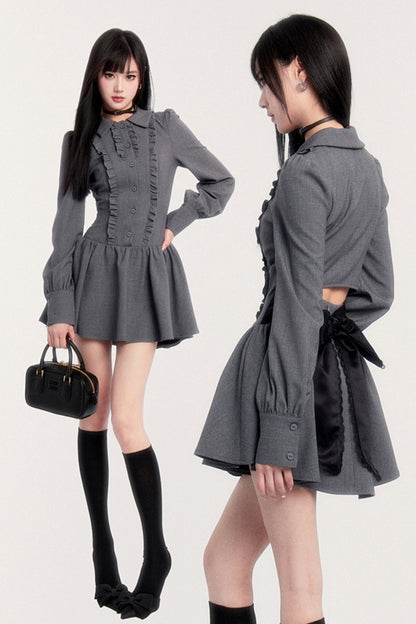 Slim Bow Long Sleeve Shirt Dress