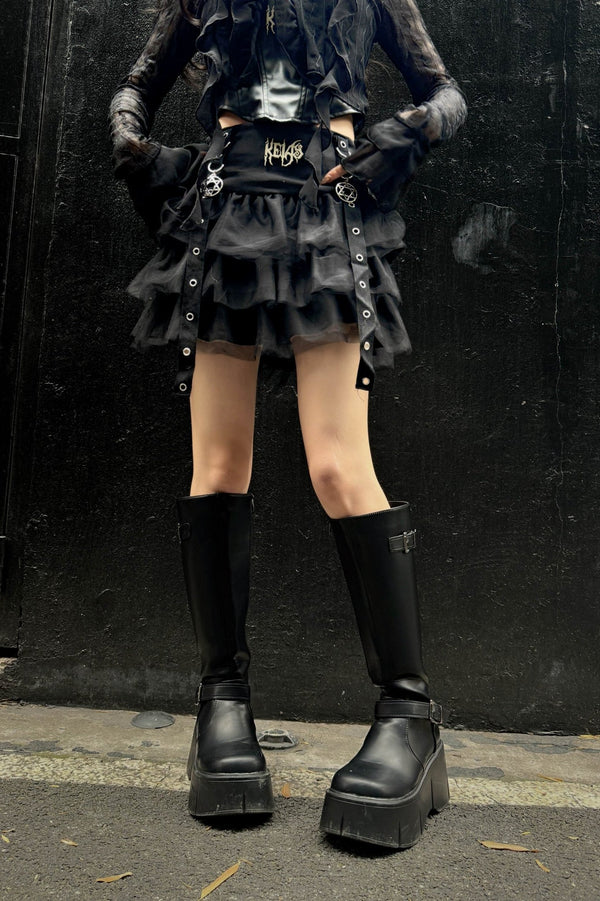 Dark Mesh Cropped Cake Skirt