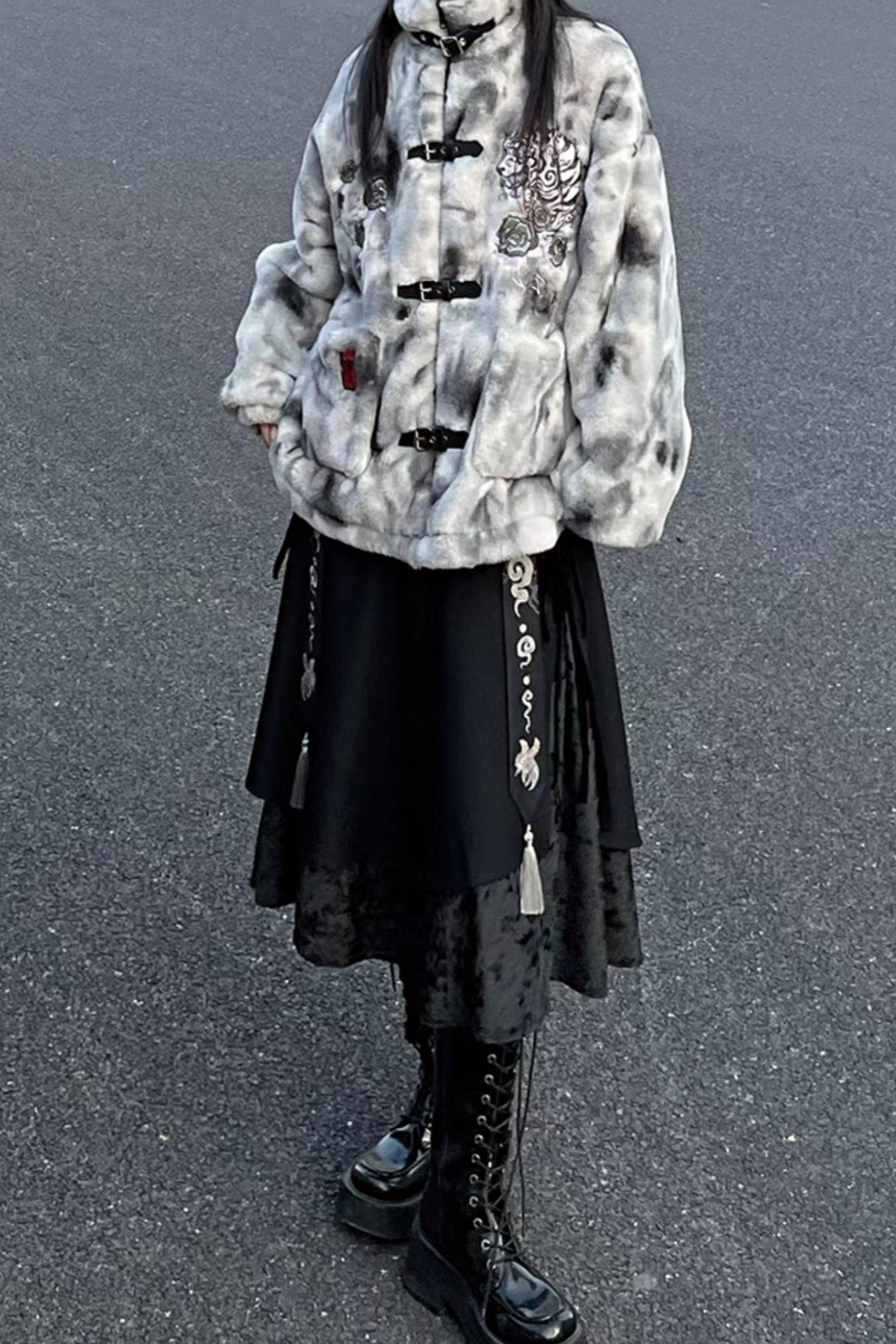 Stand-Up Collar Embroidered Fur Coat