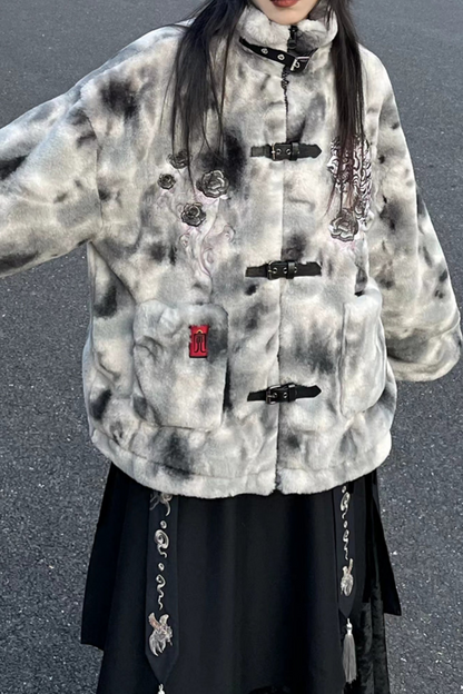 Stand-Up Collar Embroidered Fur Coat