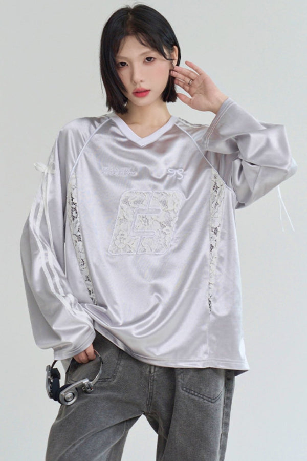 レースステッチルーズサテントップ