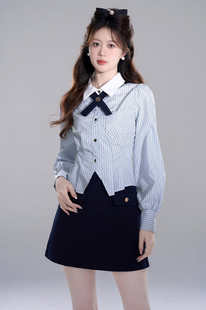 Blue Stripes Peppirong Sleeve Crop Set