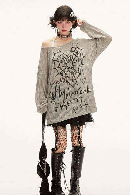 Spiderweb Print Off-Shoulder Tops