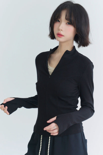 Zipper Half Color Slim Knit Top