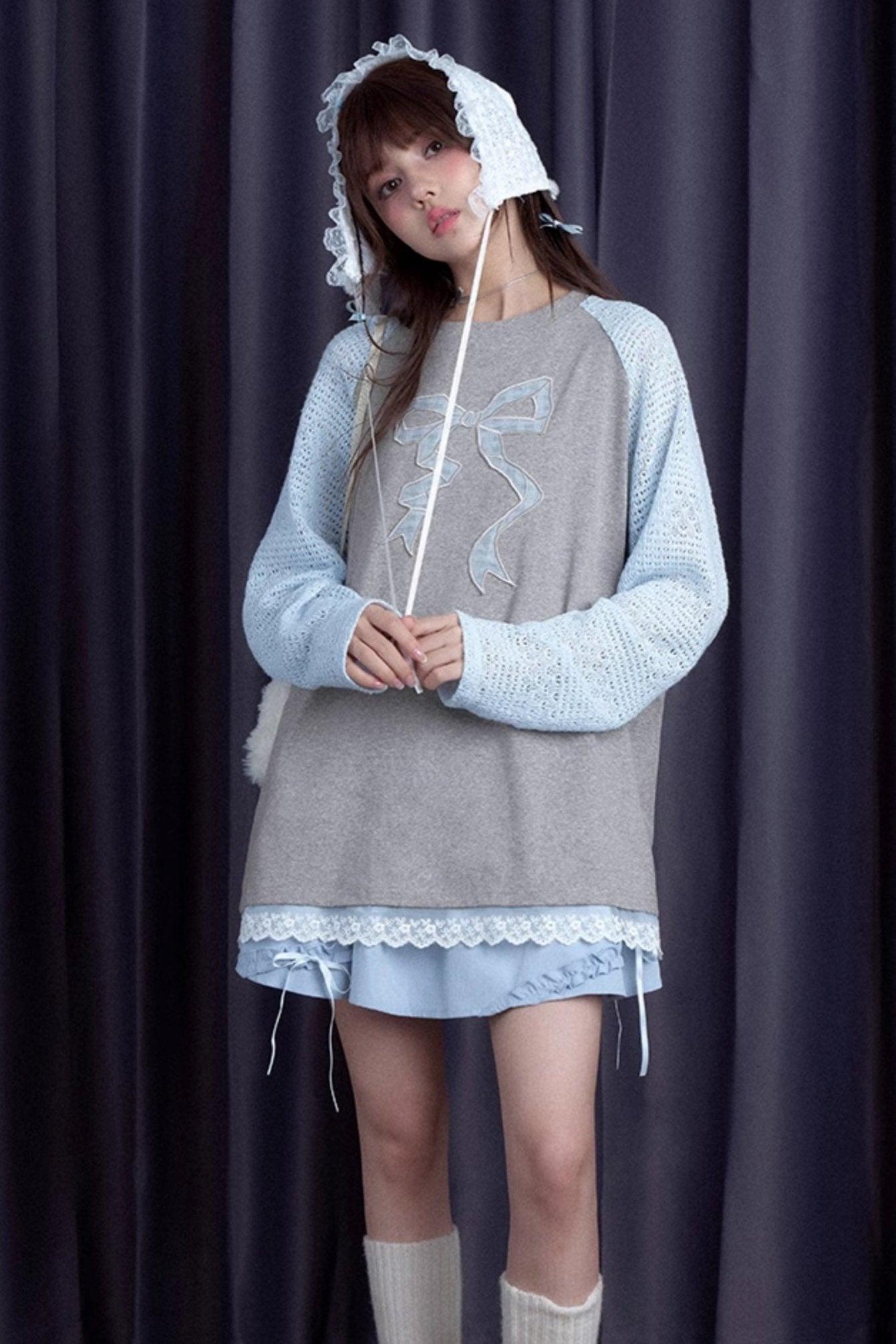 Grey Blue Bow Long Sleeve Top