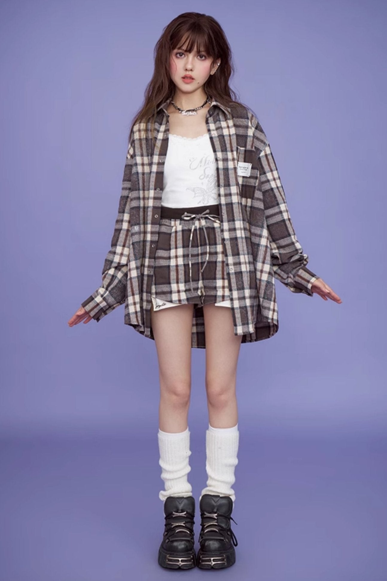 Brown Check Long Sleeve Casual Set