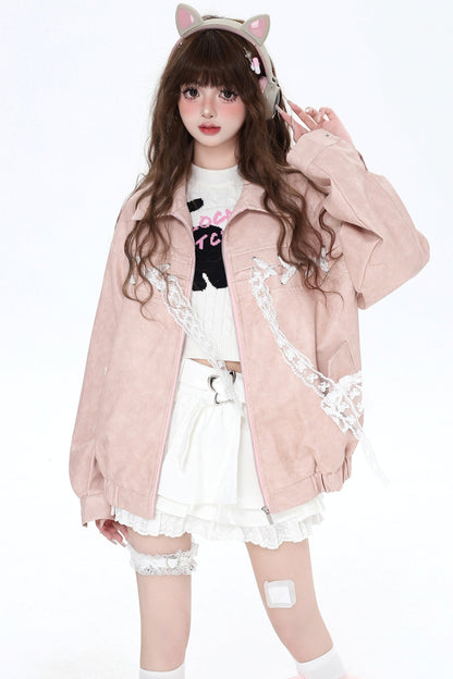 Loose Pink Bow Tie Leather Coat