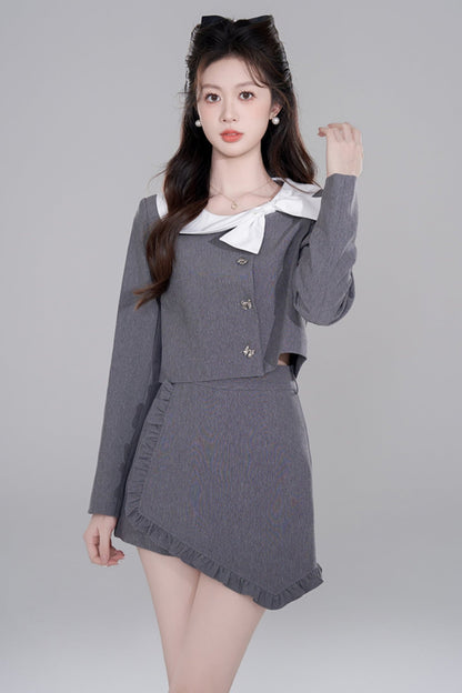 Gray Two Piece Short Coat Skirt Set