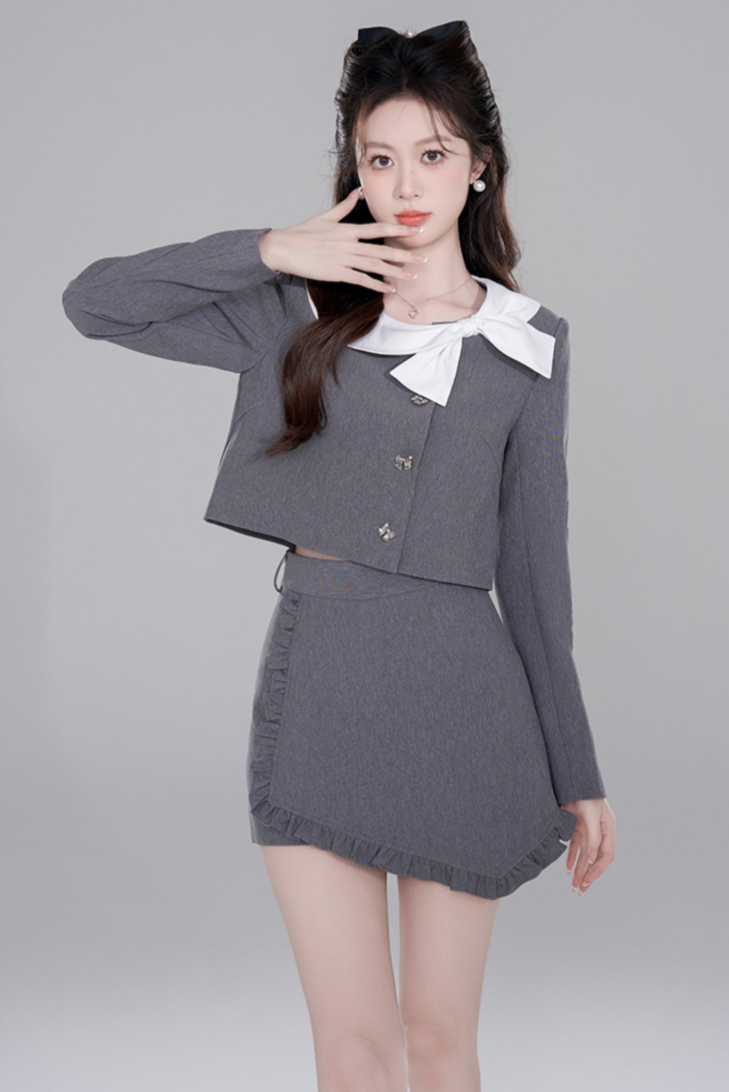 Gray Two Piece Short Coat Skirt Set