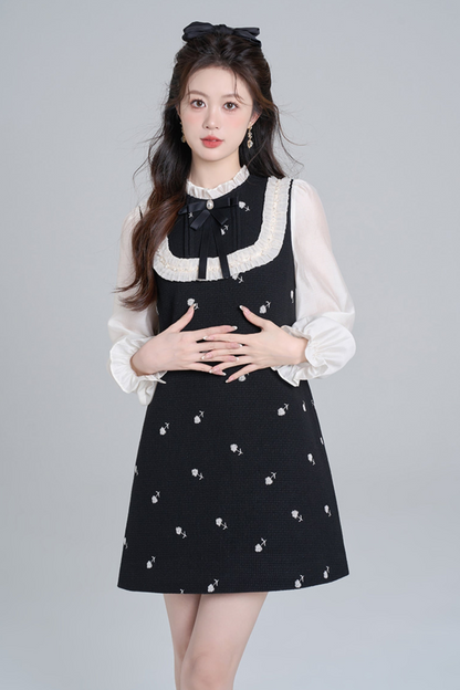 Black Stand Color Fake Two Piece Dou Dress