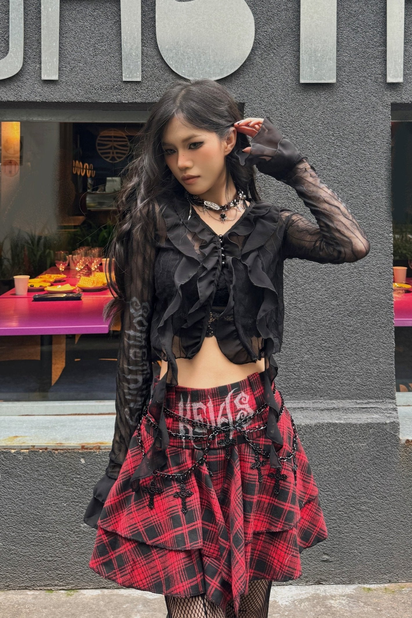 Punk Check High Waist Chain Skirt