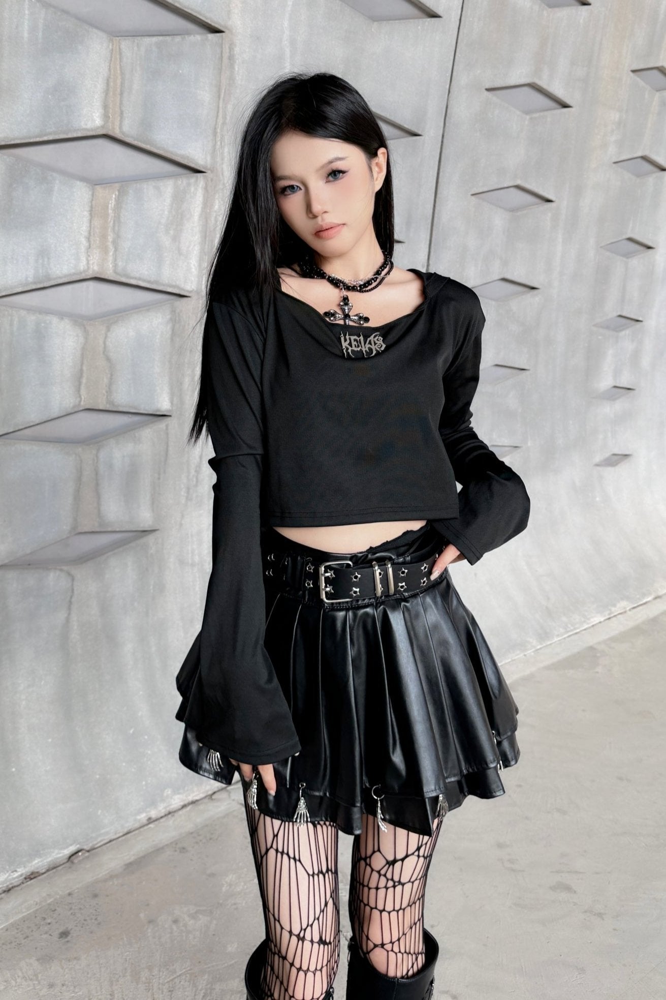 Dark Skull Leather Pleated Skirt