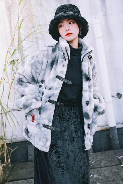 Stand-Up Collar Embroidered Fur Coat