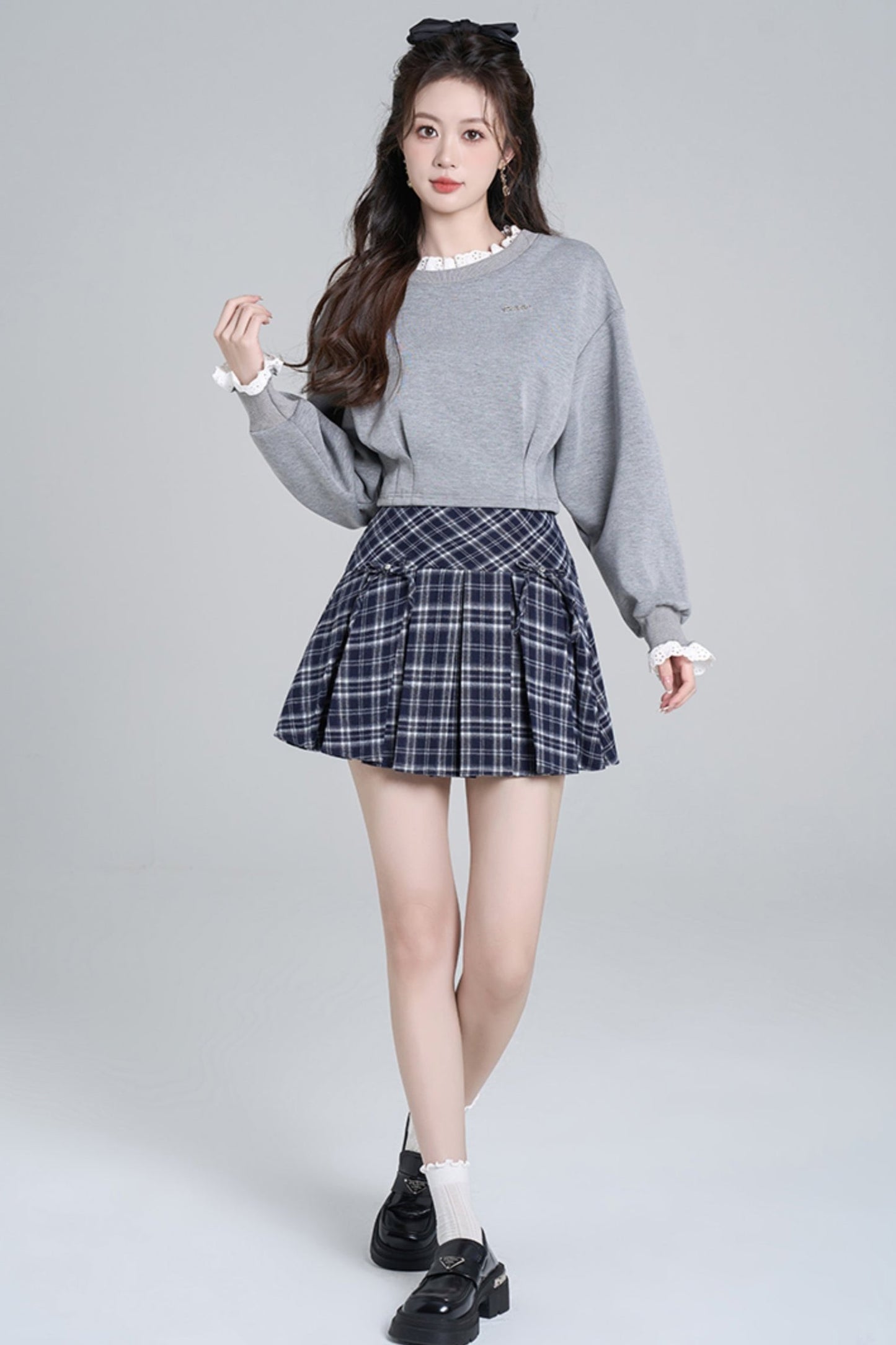 Gray Lace Sprice Pulu Over Cropt Top + Check Kart