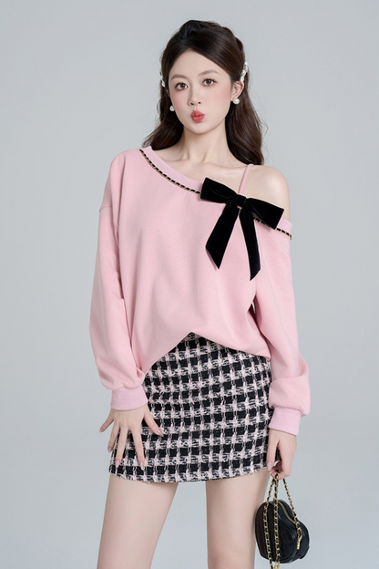 Pink slant shoulder loose sweatshirt set