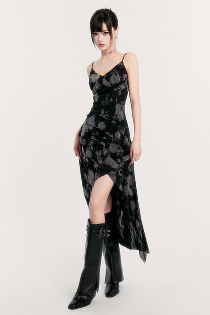 Dark Close Slit Floral Slip Dress