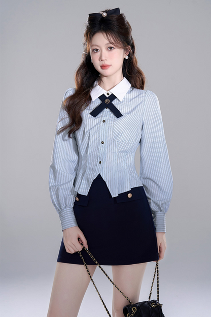 Blue Stripes Peppirong Sleeve Crop Set