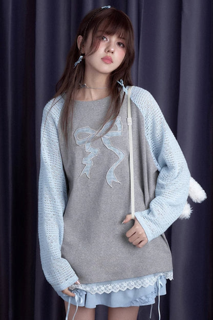 Grey Blue Bow Long Sleeve Top