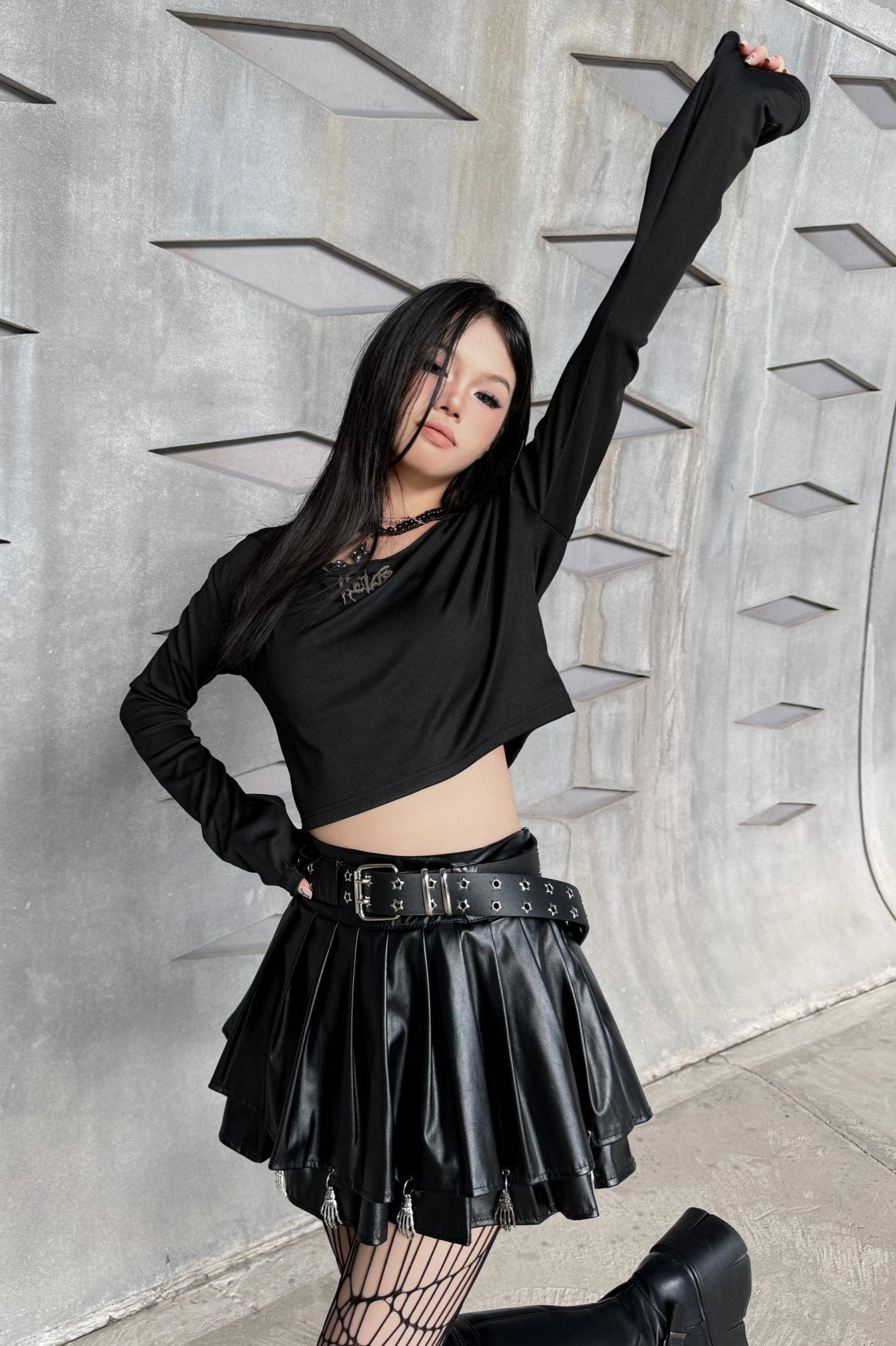 Dark Skull Leather Pleated Skirt