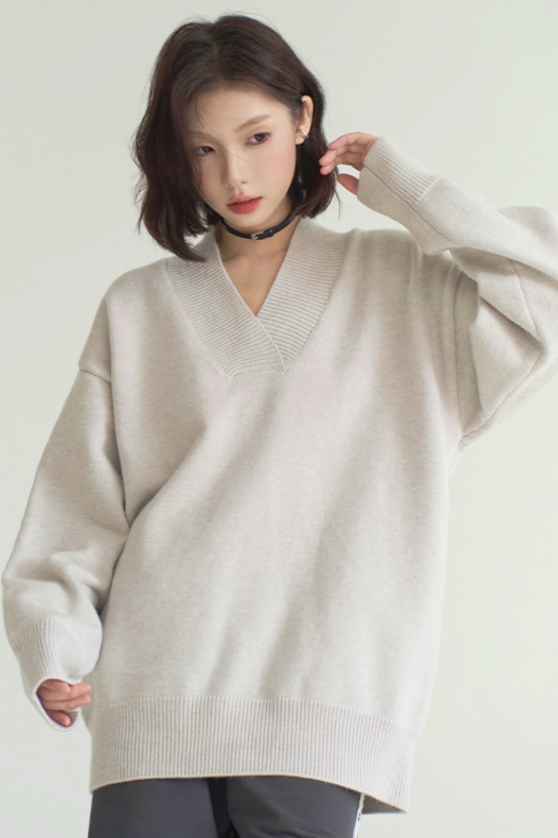 Solid Color Buy neck knit sweater