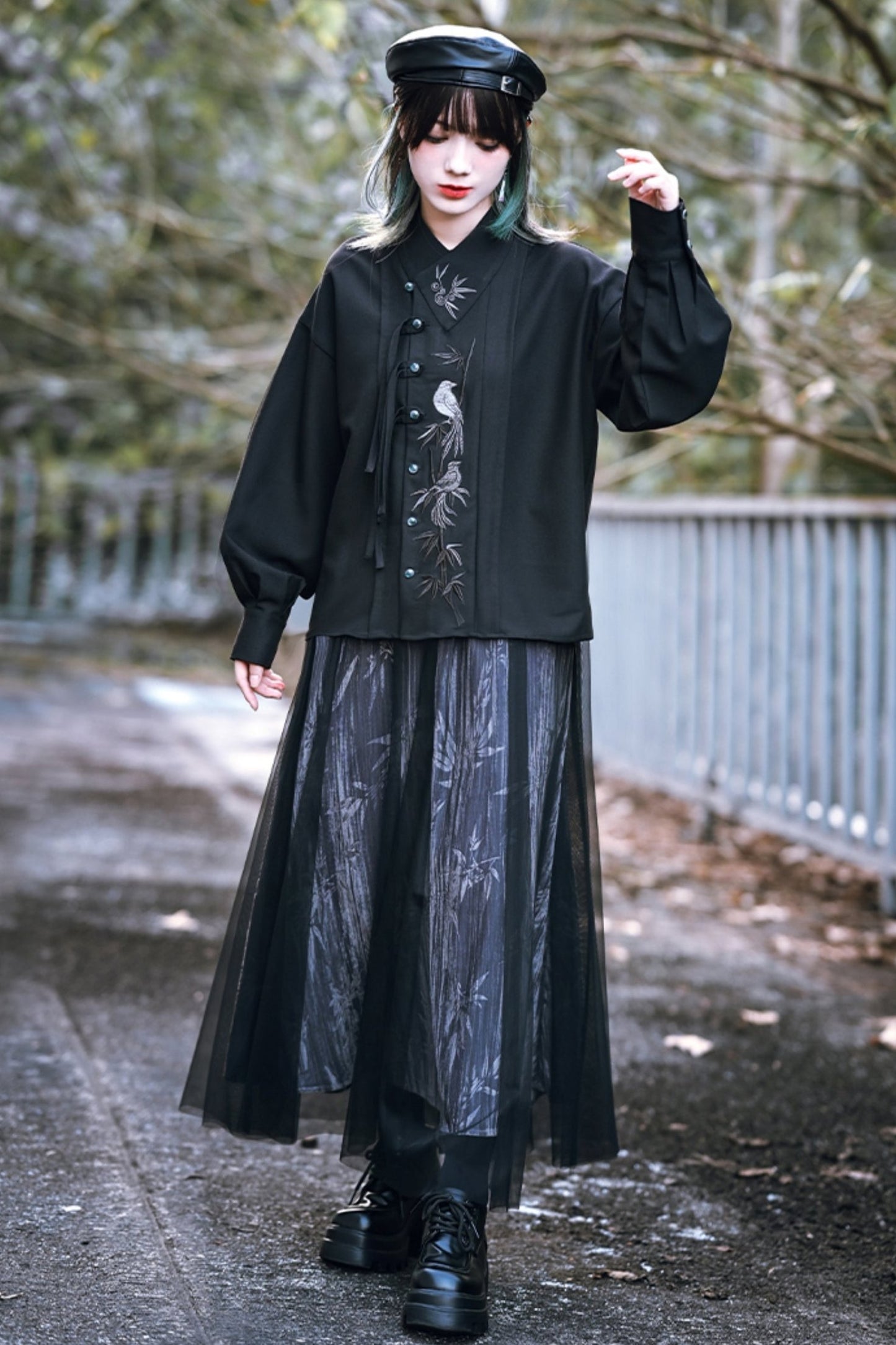 Black Embroyidal Leadia Gonal Placket Shirt