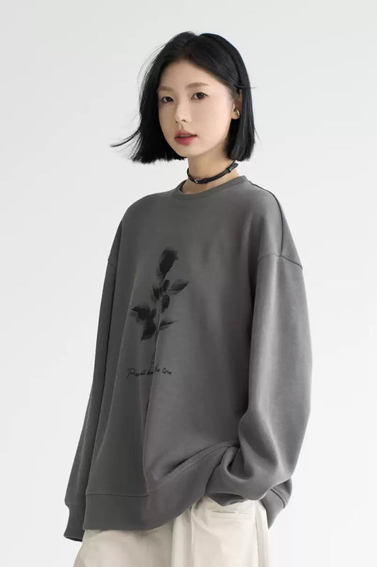 Fall Rose Print Crew Neck Sweatshirt