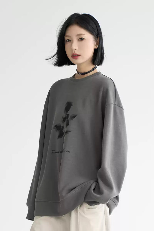 Fall Rose Print Crew Neck Sweatshirt