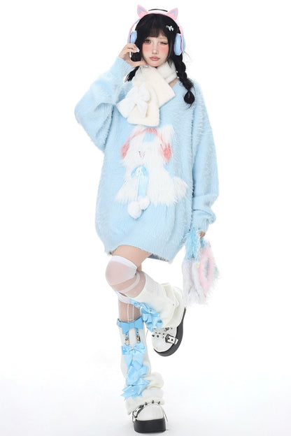 Faux Mink Bunny V Neck Fluffy Sweater