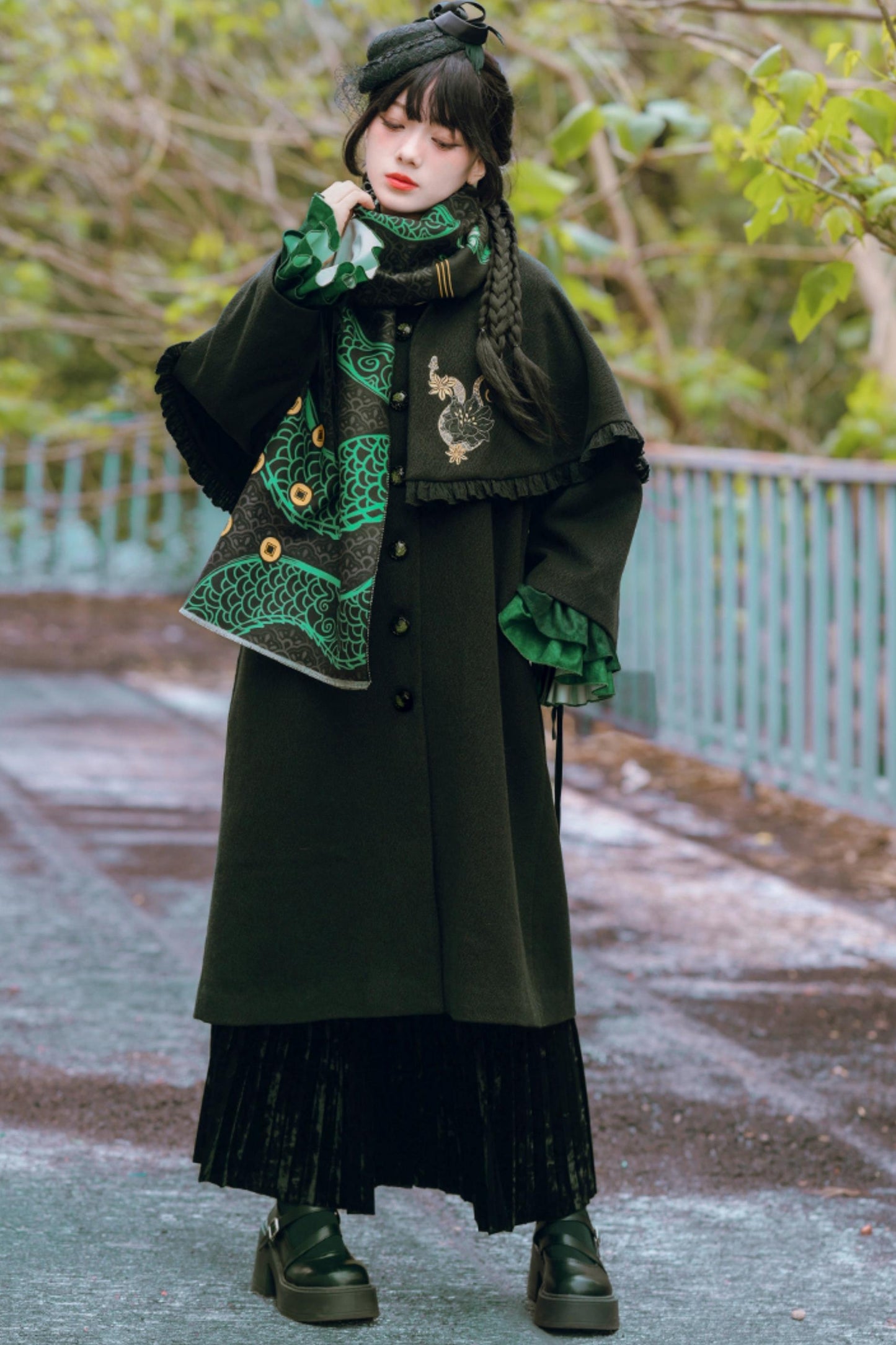 Black Snake Pattern Cape Coat Set