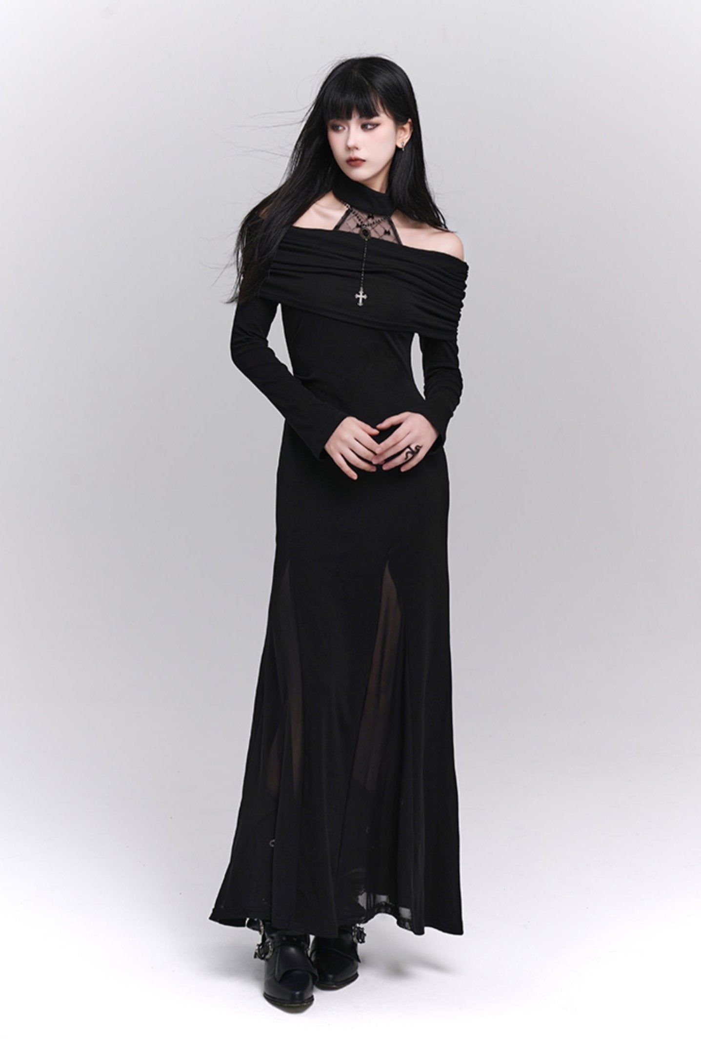 One-Shoulder Halter Neck Dark Dress