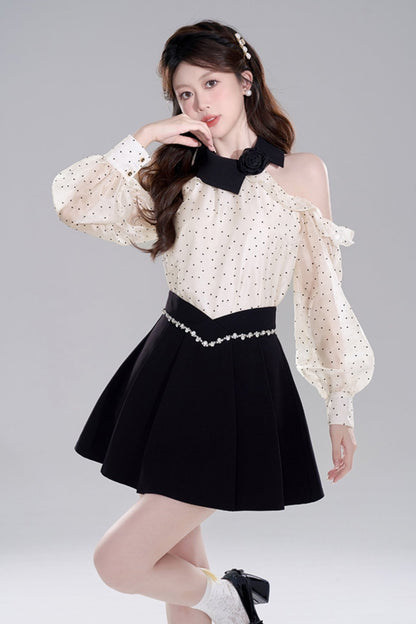 Polkadot off -shoulder chiffon top set