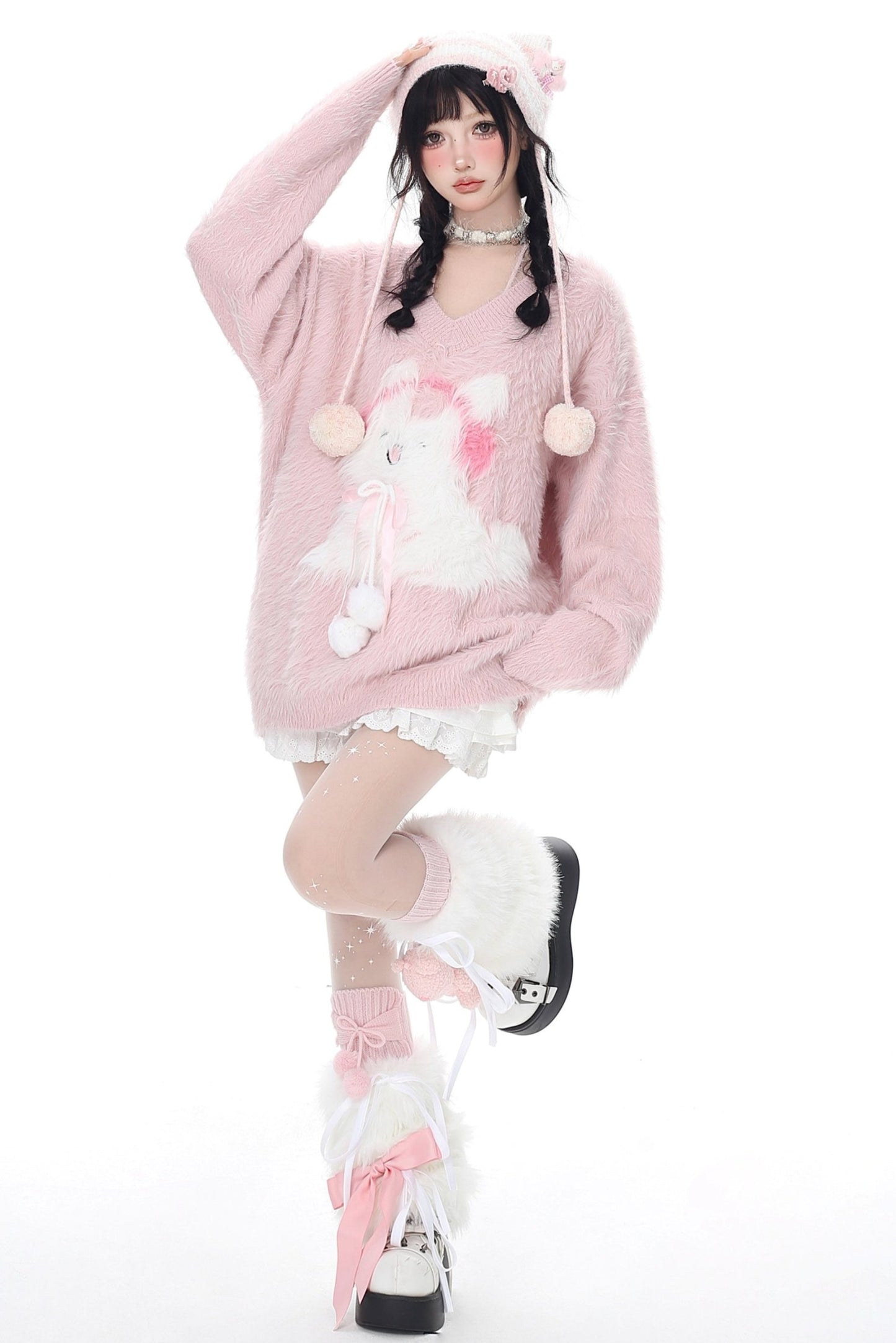 Faux Mink Bunny V Neck Fluffy Sweater