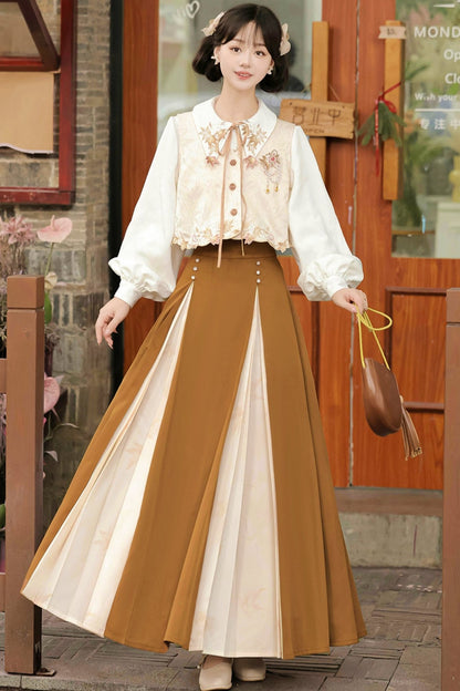 Retro Autumn Chinese Best+Shirt+Skirt