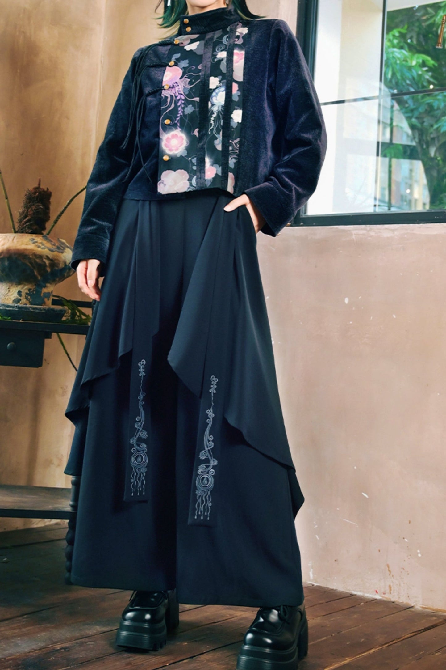 Blue tea Double Layer Wide Leg Pants