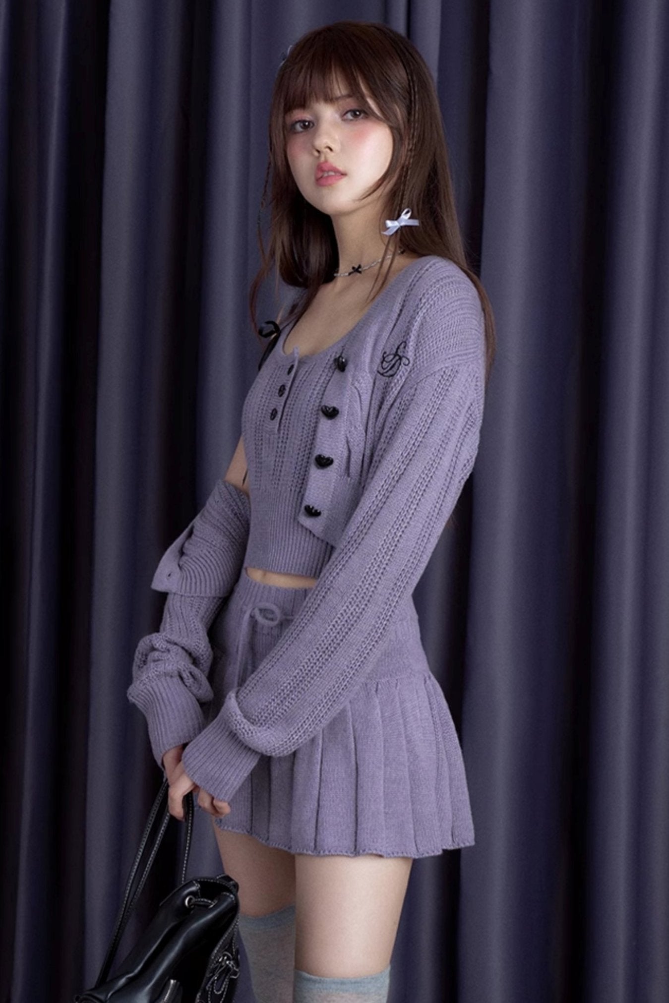 Gray and Purple Knit Suspender Skirt Set